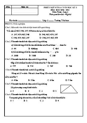 Phiếu kiểm tra Cuối học kì I môn Toán Lớp 3 - Năm học 2020-2021 (Có đáp án)